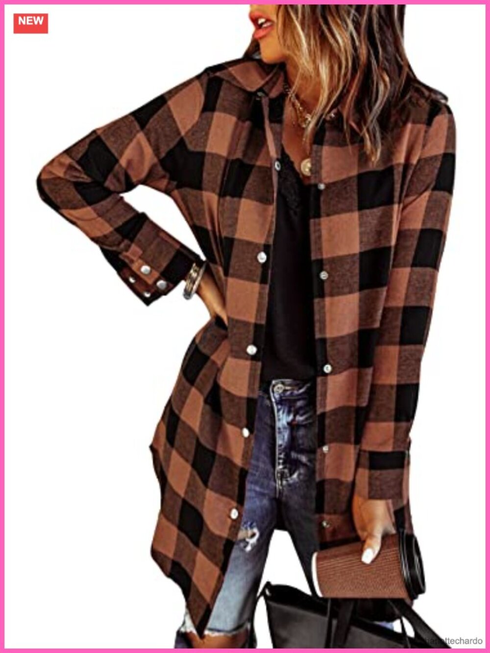 Womens Plaid Flannel Shacket Button Down V Neck Casual Jacket